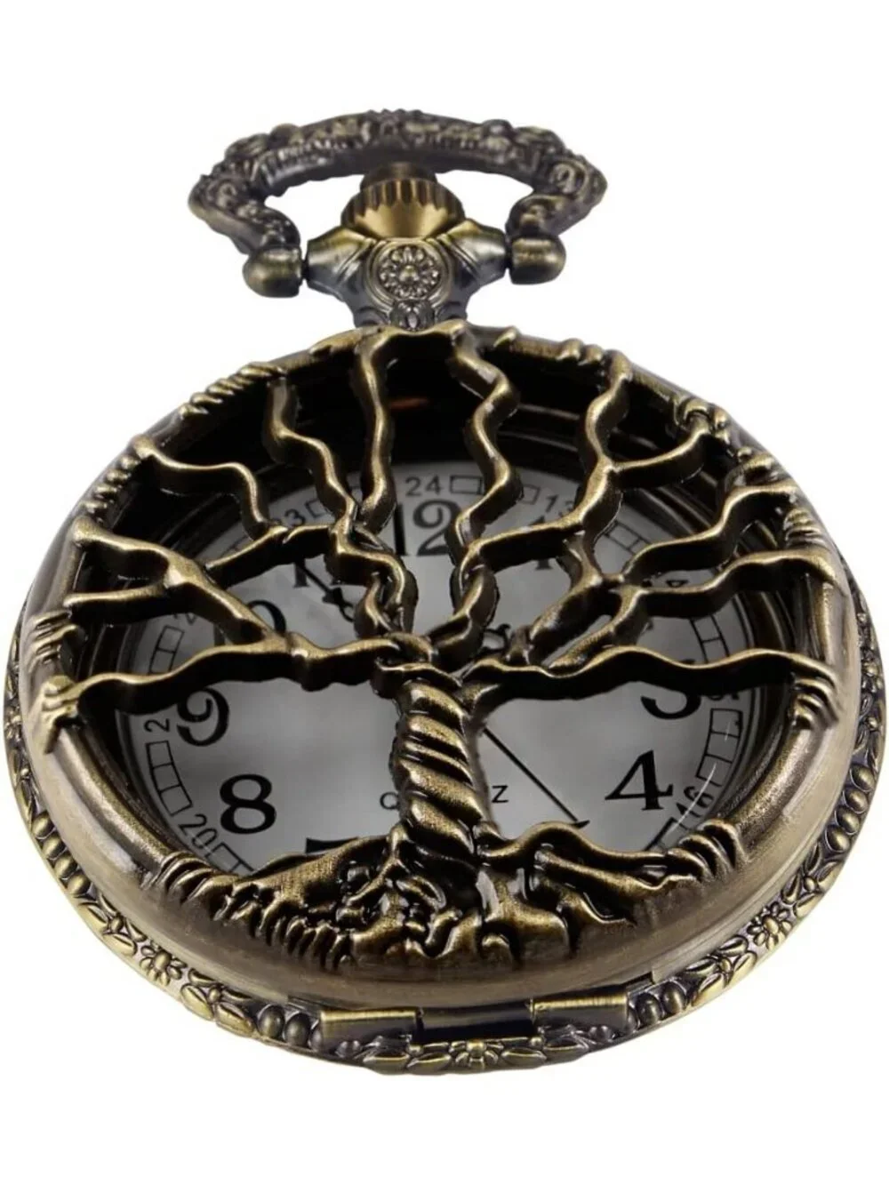 Men's Brown Analog Quartz Tree Shape Pendant Necklace Round Case Pocket Watch